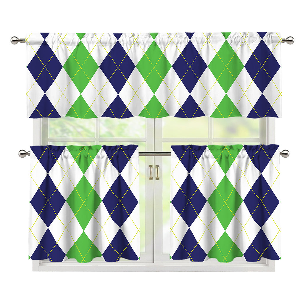Green White And Navy Argyle Print 3 Piece Kitchen Curtains