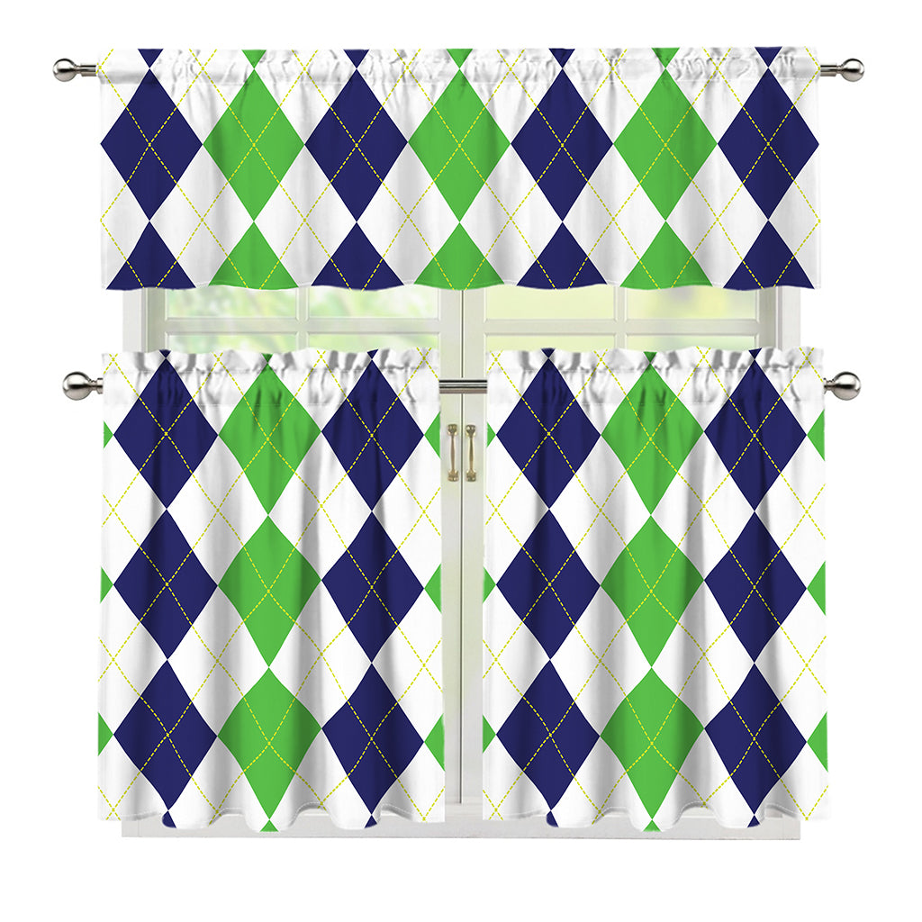 Green White And Navy Argyle Print 3 Piece Kitchen Curtains