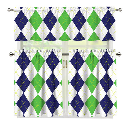 Green White And Navy Argyle Print 3 Piece Kitchen Curtains