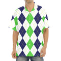 Green White And Navy Argyle Print Aloha Shirt