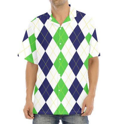 Green White And Navy Argyle Print Aloha Shirt