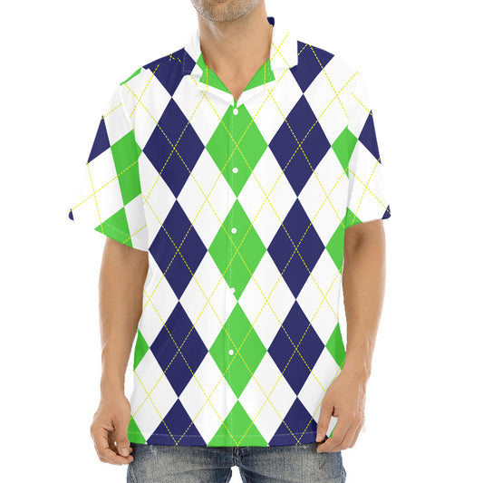 Green White And Navy Argyle Print Aloha Shirt