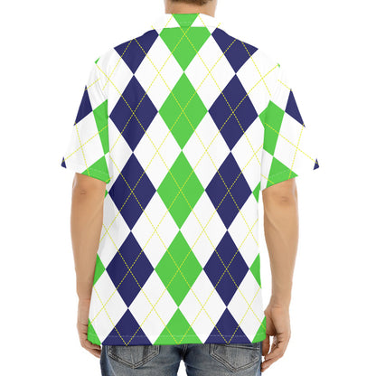 Green White And Navy Argyle Print Aloha Shirt