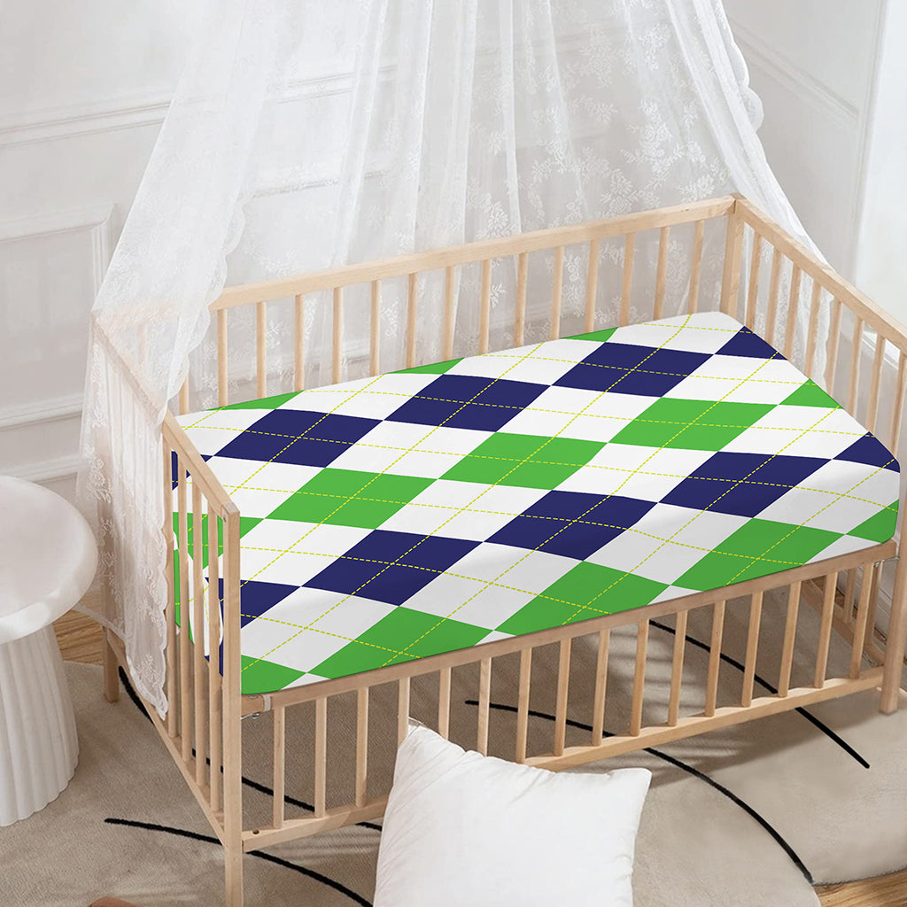 Green White And Navy Argyle Print Baby Crib Sheet