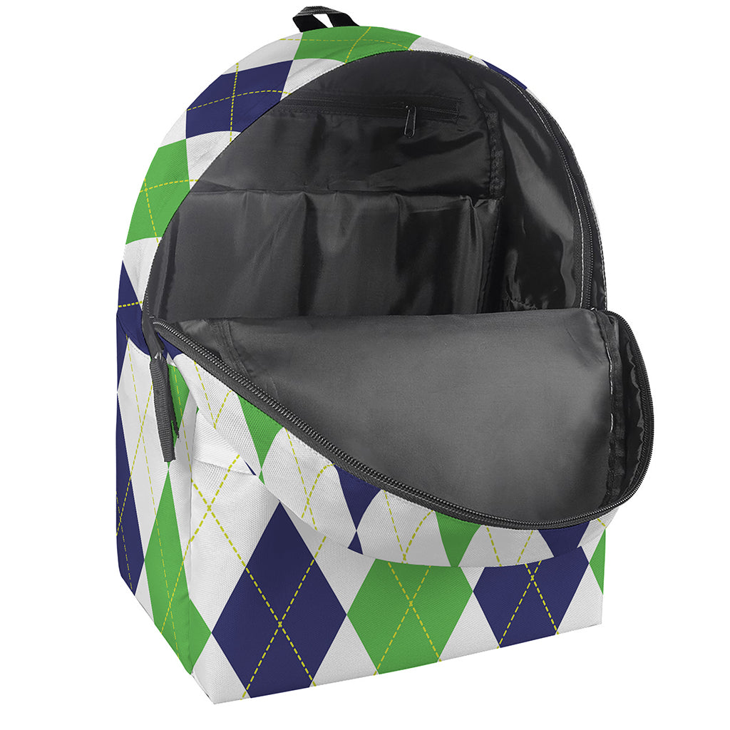 Green White And Navy Argyle Print Backpack