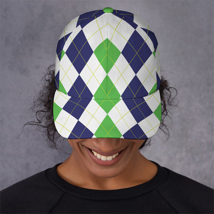Green White And Navy Argyle Print Baseball Cap