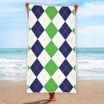 Green White And Navy Argyle Print Beach Towel