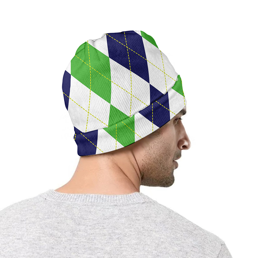 Green White And Navy Argyle Print Beanie
