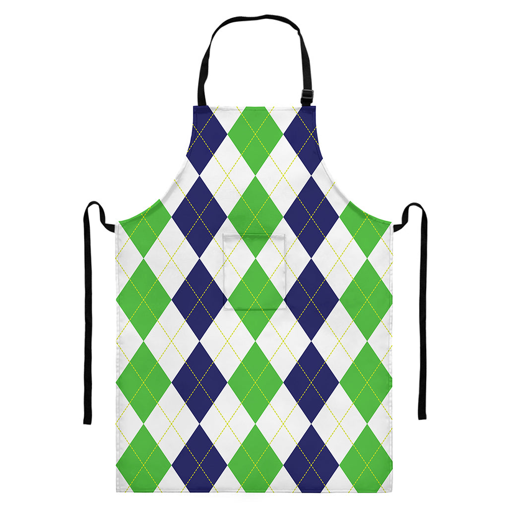Green White And Navy Argyle Print Bib Apron With Pocket