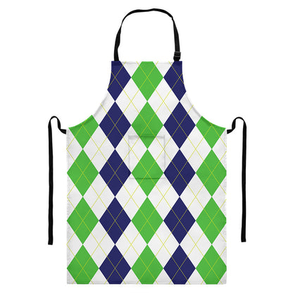 Green White And Navy Argyle Print Bib Apron With Pocket