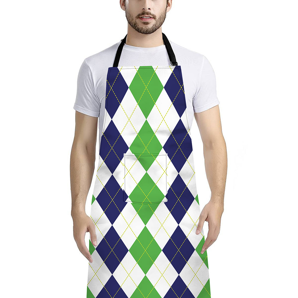 Green White And Navy Argyle Print Bib Apron With Pocket