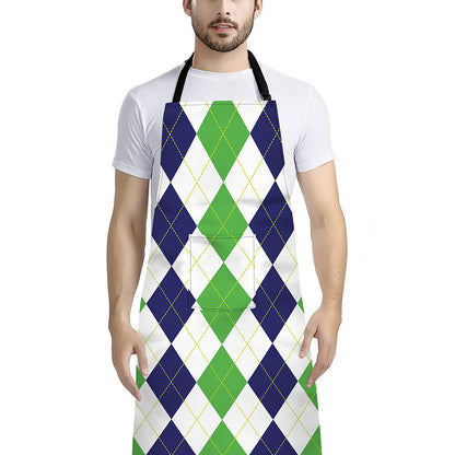 Green White And Navy Argyle Print Bib Apron With Pocket