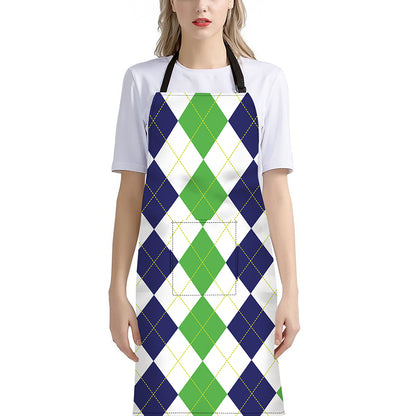 Green White And Navy Argyle Print Bib Apron With Pocket