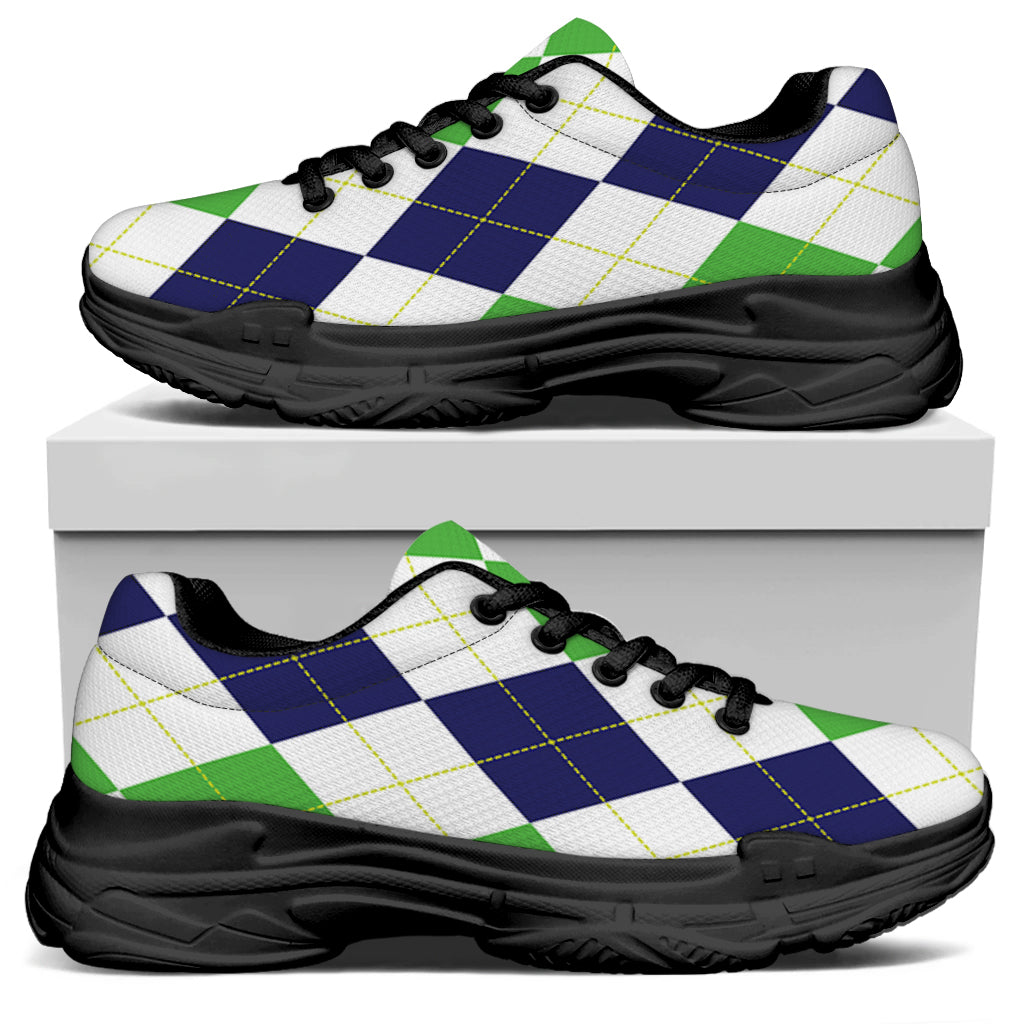 Green White And Navy Argyle Print Black Chunky Shoes
