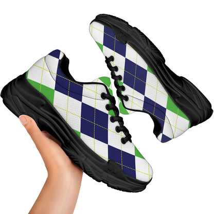 Green White And Navy Argyle Print Black Chunky Shoes