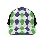 Green White And Navy Argyle Print Black Mesh Trucker Cap