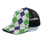 Green White And Navy Argyle Print Black Mesh Trucker Cap