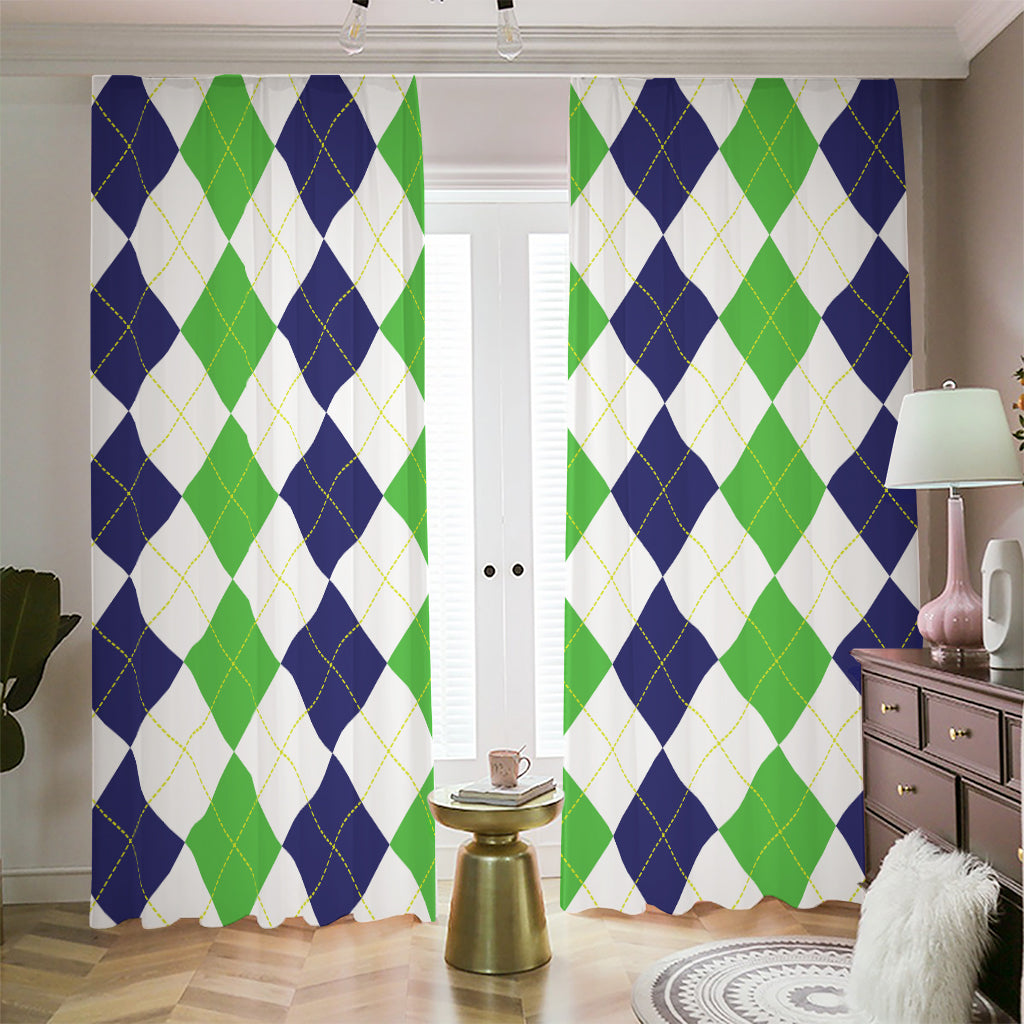 Green White And Navy Argyle Print Blackout Pencil Pleat Curtains