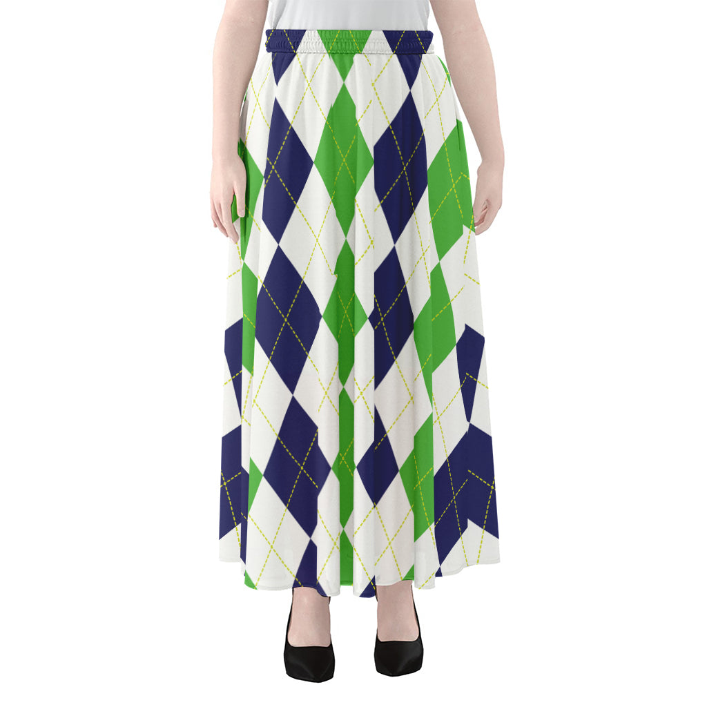 Green White And Navy Argyle Print Chiffon Maxi Skirt