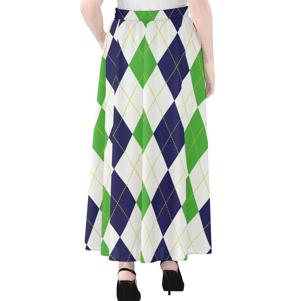 Green White And Navy Argyle Print Chiffon Maxi Skirt