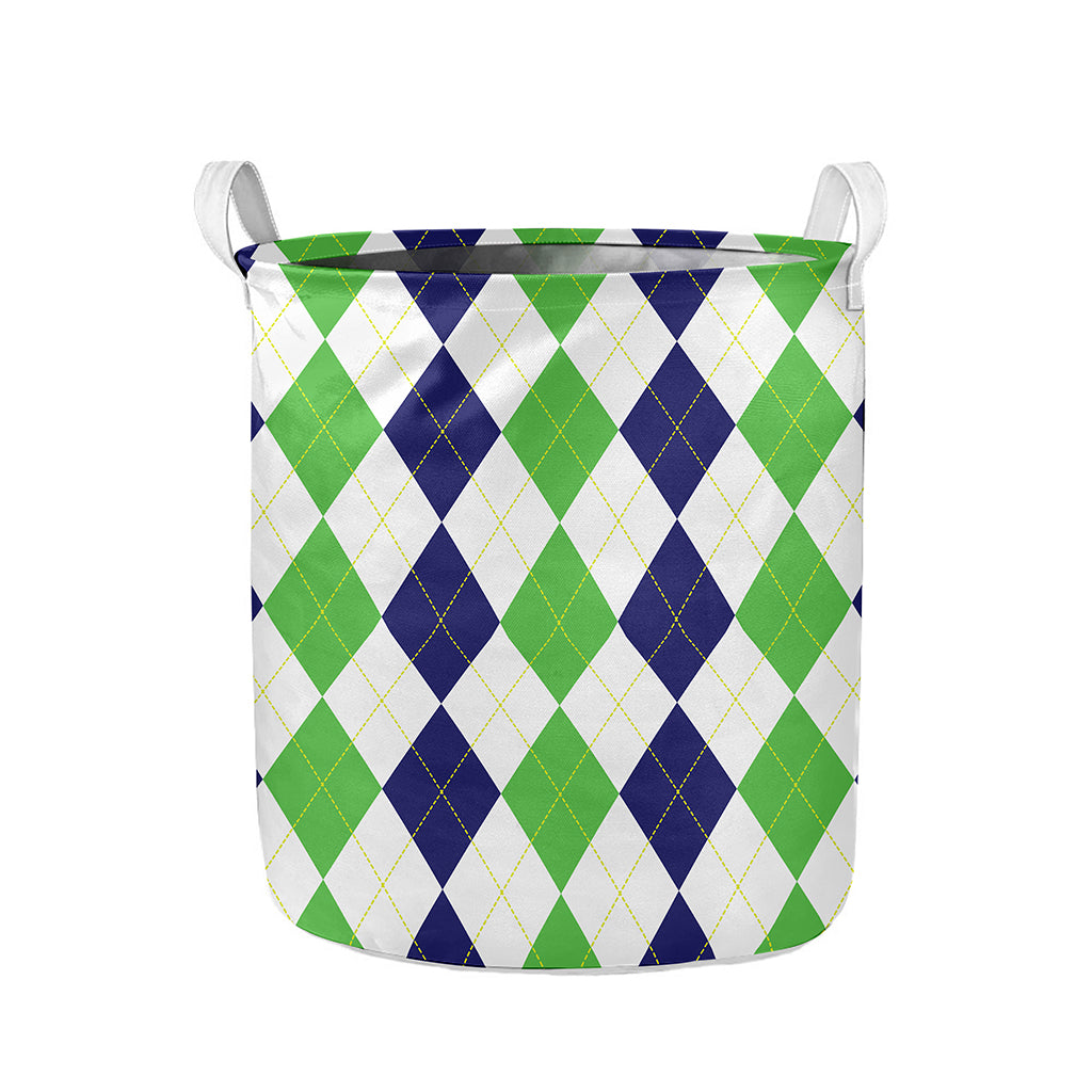 Green White And Navy Argyle Print Collapsible Laundry Basket