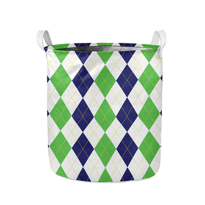 Green White And Navy Argyle Print Collapsible Laundry Basket