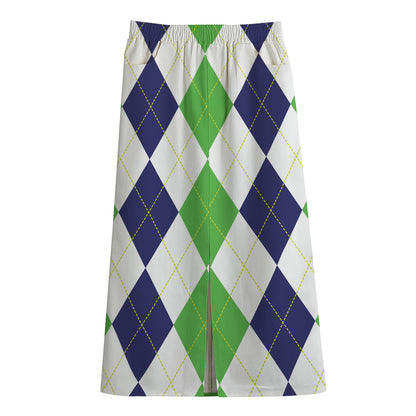 Green White And Navy Argyle Print Cotton Front Slit Maxi Skirt