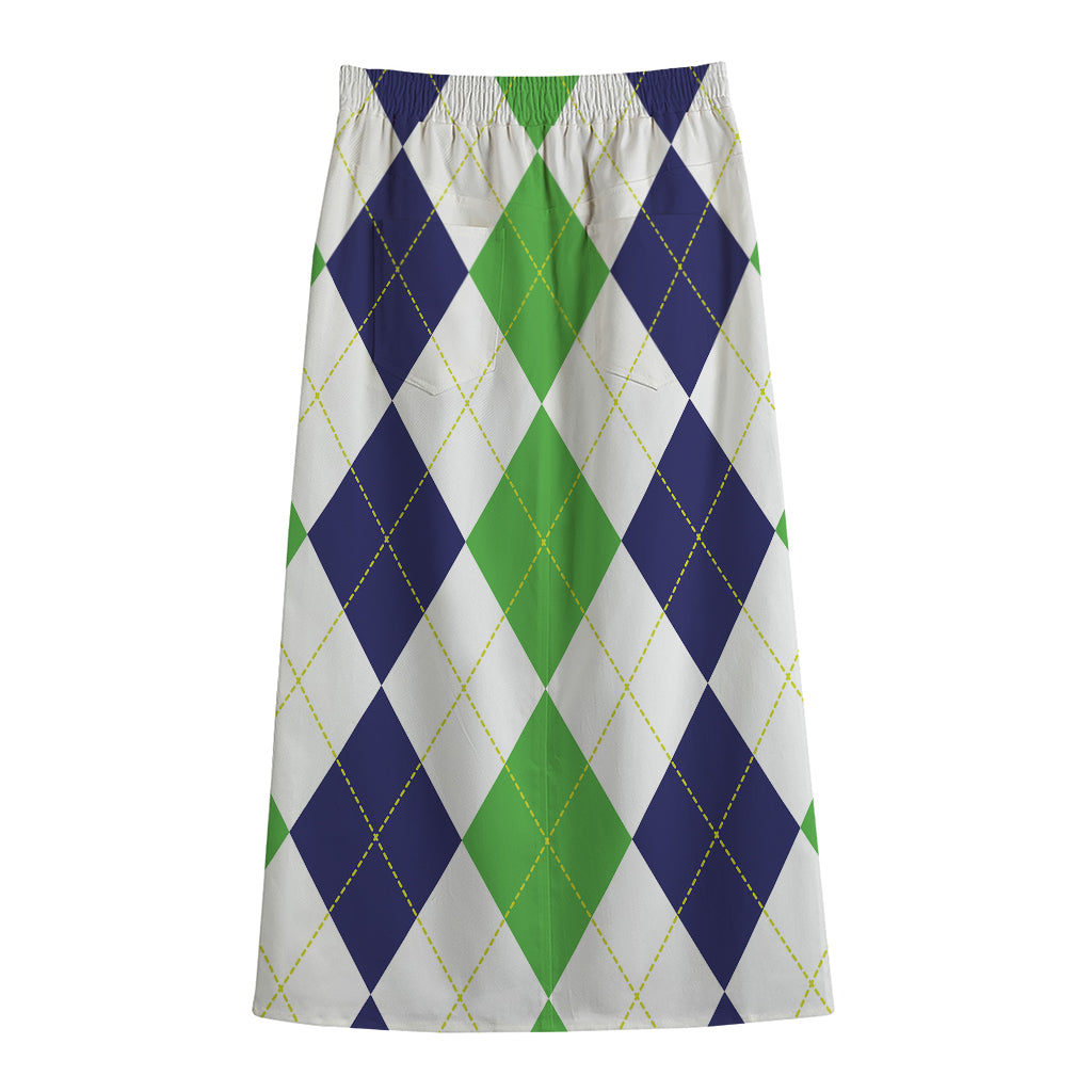 Green White And Navy Argyle Print Cotton Front Slit Maxi Skirt