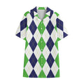 Green White And Navy Argyle Print Cotton Hawaiian Shirt