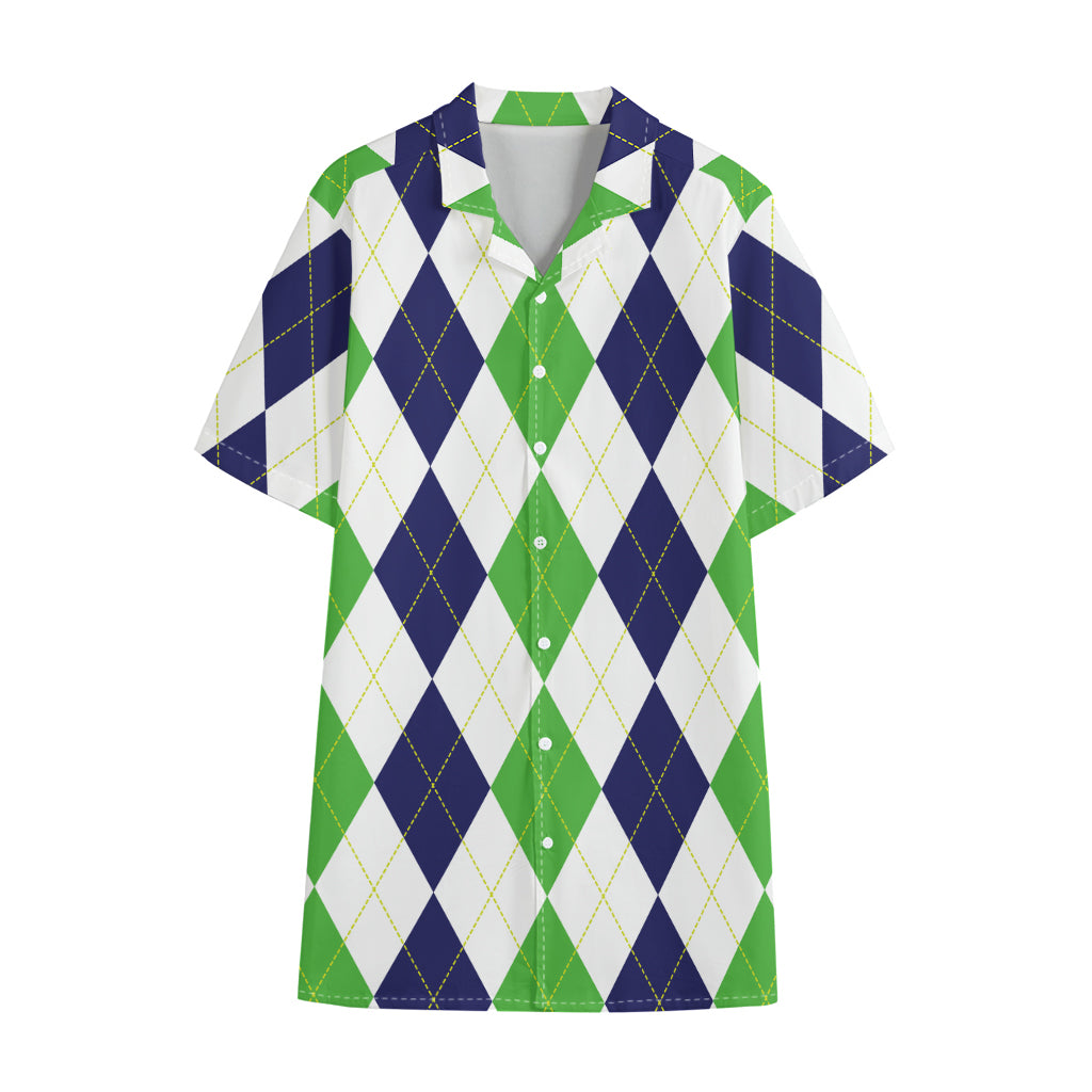 Green White And Navy Argyle Print Cotton Hawaiian Shirt