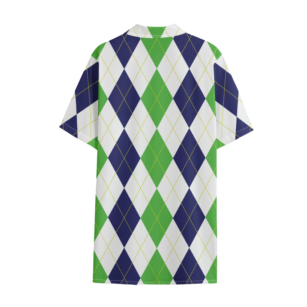 Green White And Navy Argyle Print Cotton Hawaiian Shirt