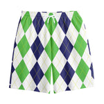Green White And Navy Argyle Print Cotton Shorts