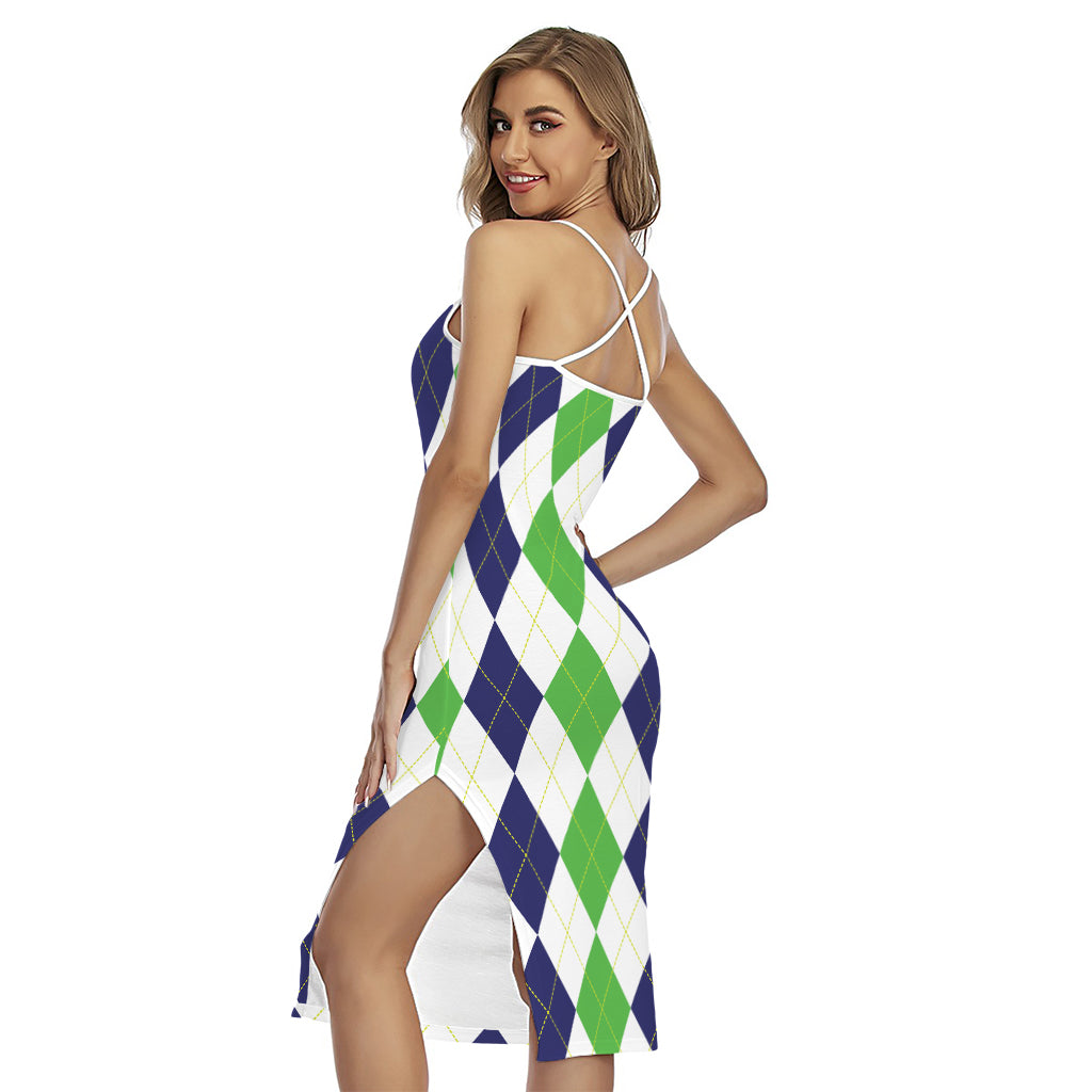 Green White And Navy Argyle Print Cross Back Cami Dress