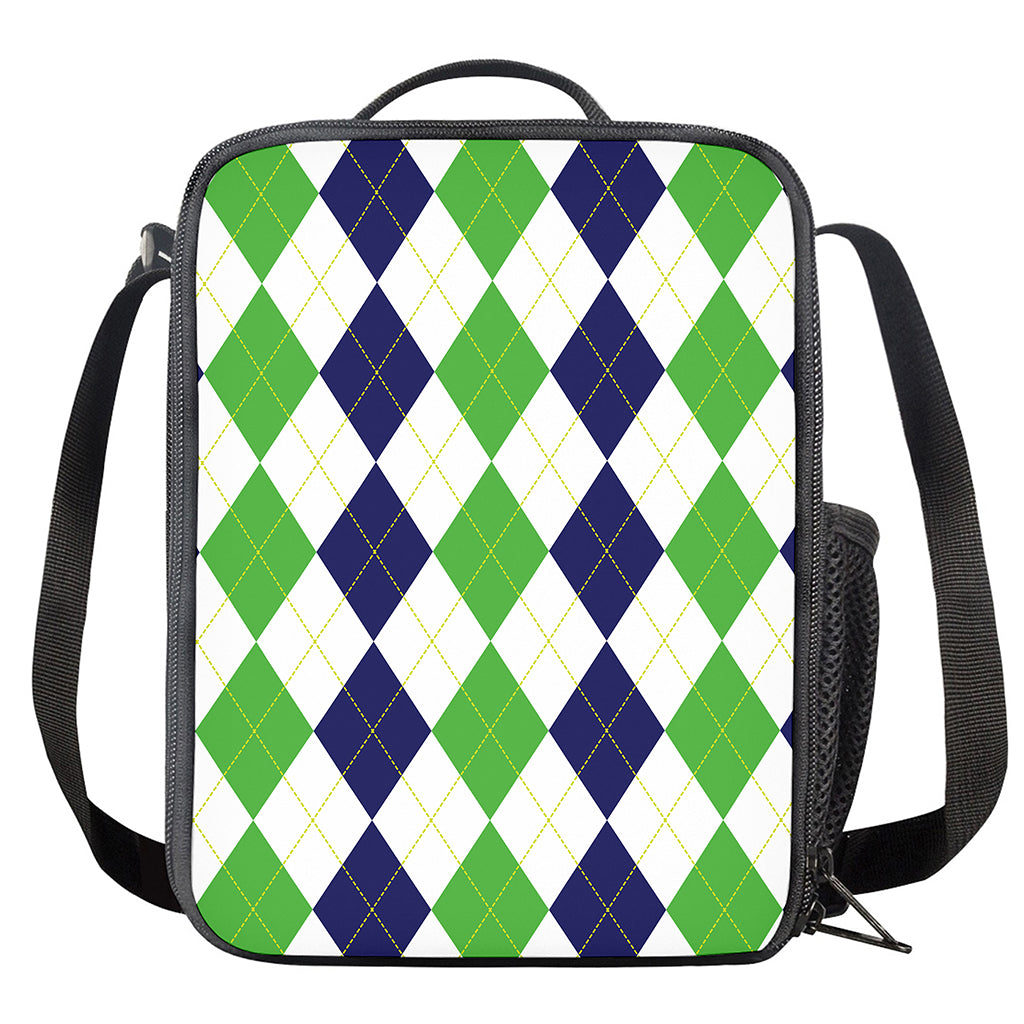 Green White And Navy Argyle Print Crossbody Lunch Bag