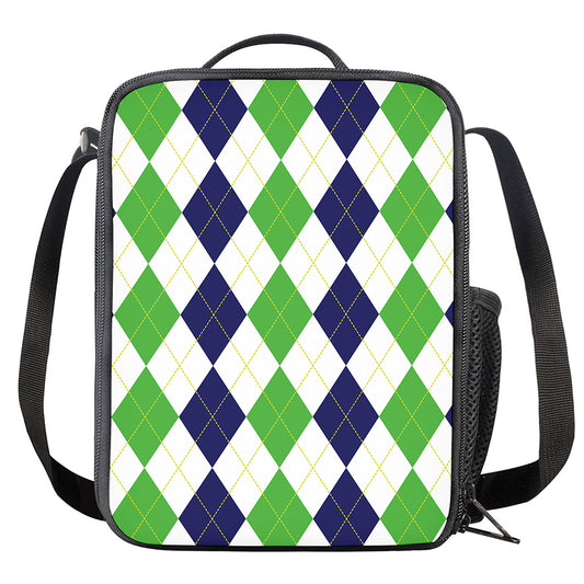 Green White And Navy Argyle Print Crossbody Lunch Bag
