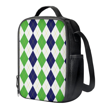 Green White And Navy Argyle Print Crossbody Lunch Bag
