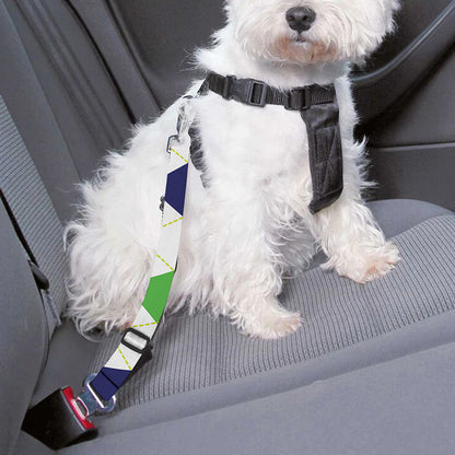 Green White And Navy Argyle Print Dog Seat Belt