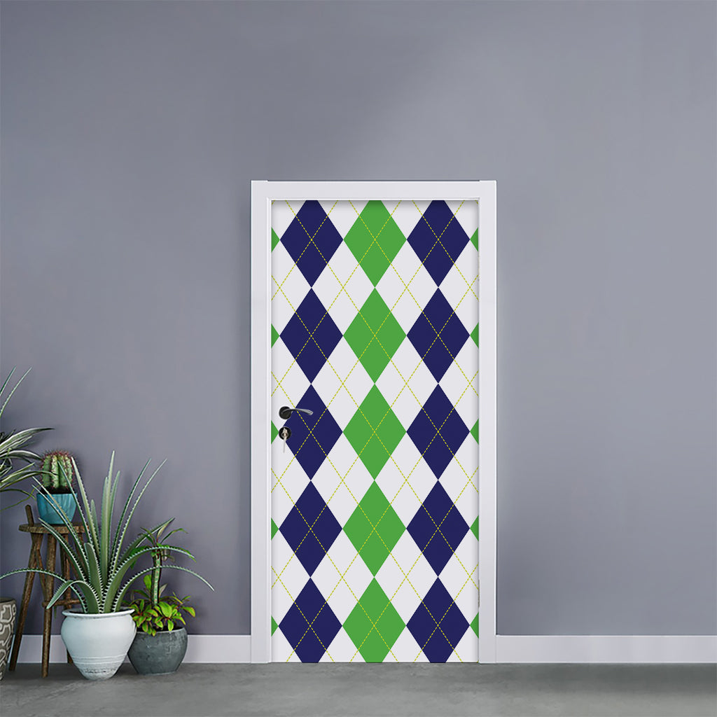 Green White And Navy Argyle Print Door Sticker