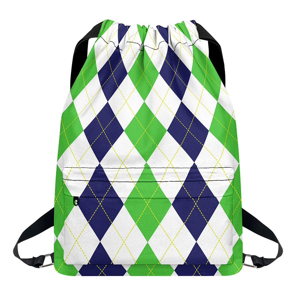 Green White And Navy Argyle Print Drawstring Backpack