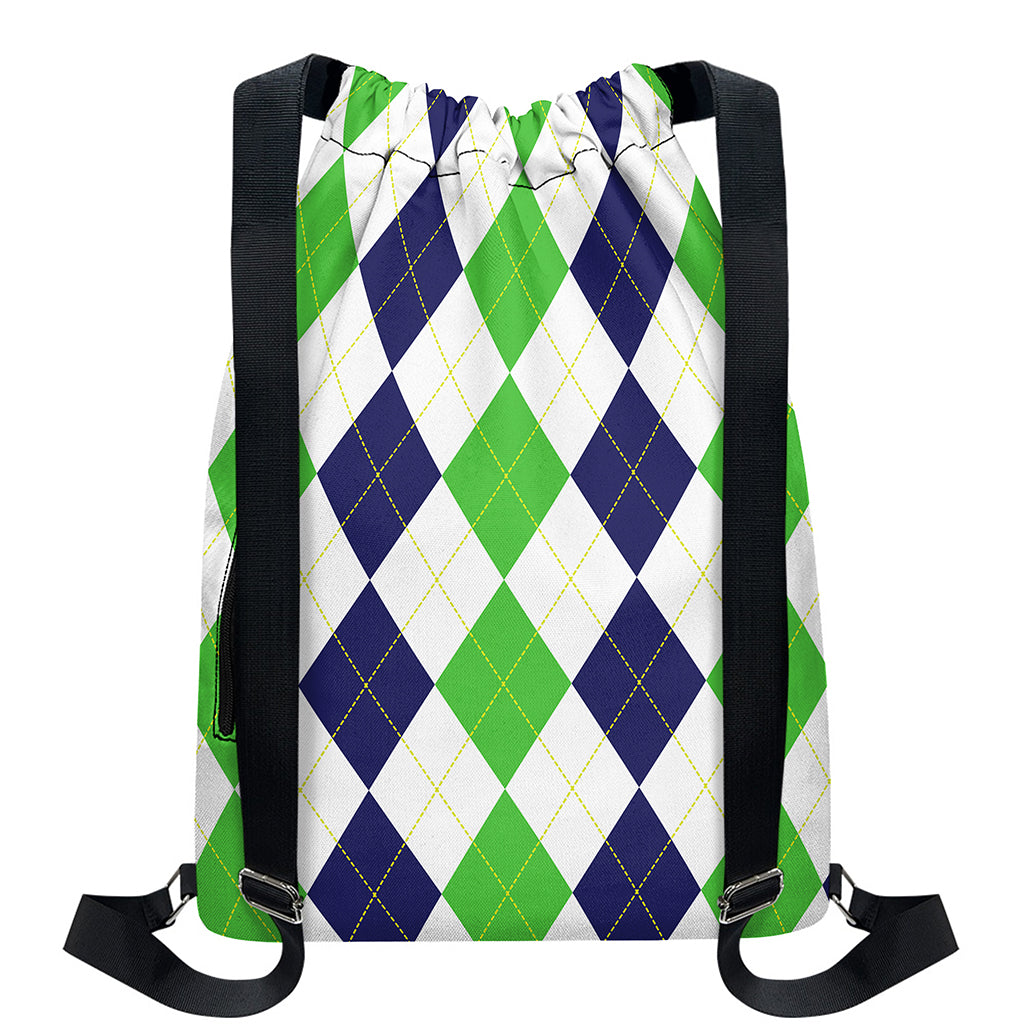 Green White And Navy Argyle Print Drawstring Backpack