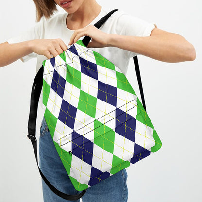 Green White And Navy Argyle Print Drawstring Backpack