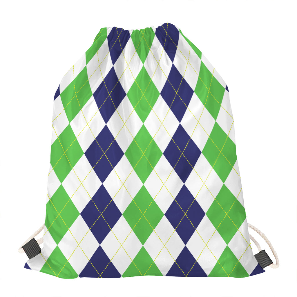 Green White And Navy Argyle Print Drawstring Bag