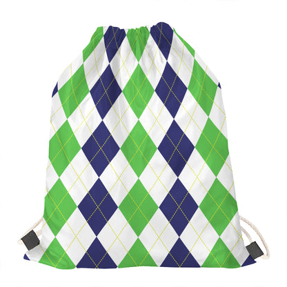 Green White And Navy Argyle Print Drawstring Bag
