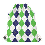 Green White And Navy Argyle Print Drawstring Bag