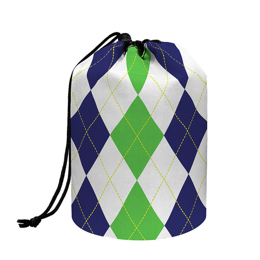 Green White And Navy Argyle Print Drawstring Makeup Bag