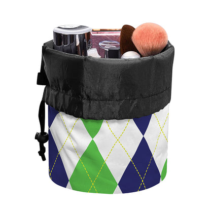 Green White And Navy Argyle Print Drawstring Makeup Bag