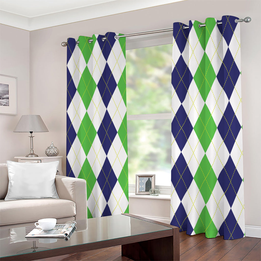 Green White And Navy Argyle Print Extra Wide Grommet Curtains