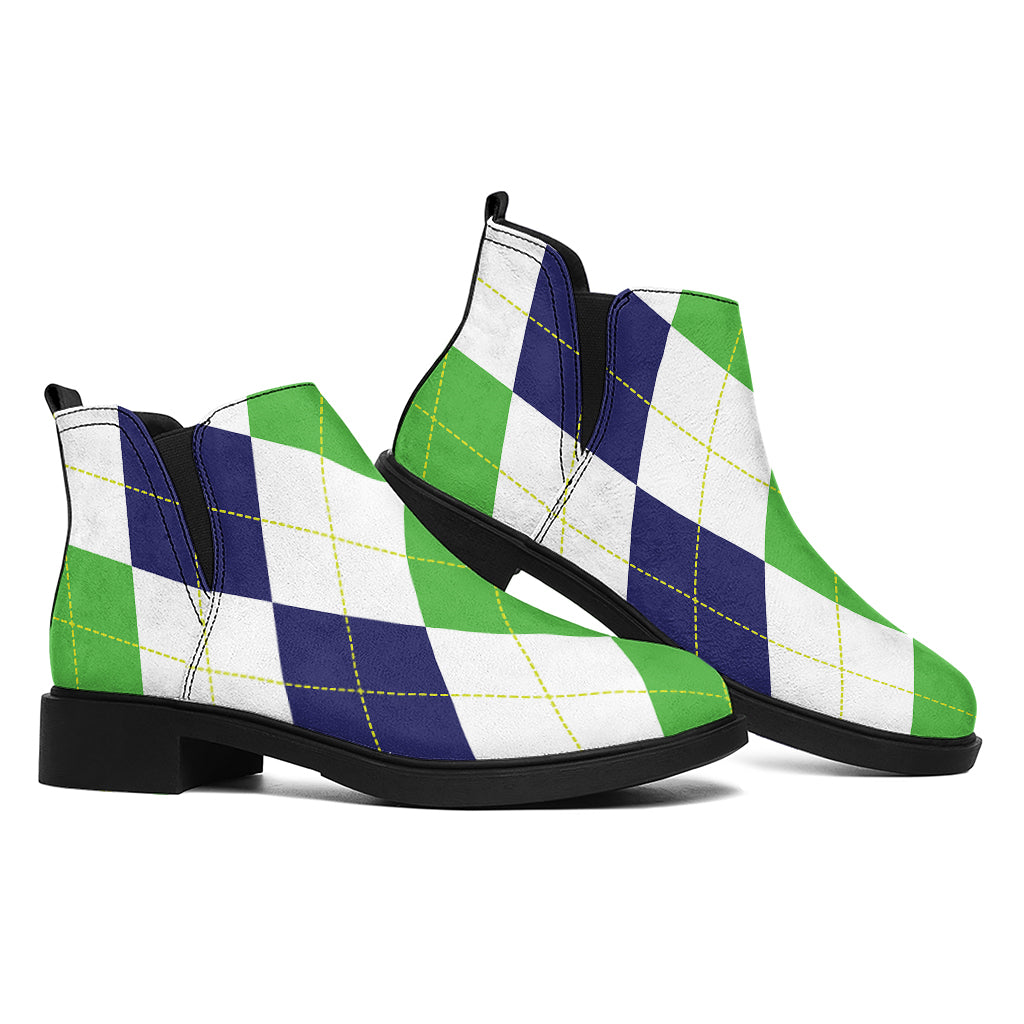 Green White And Navy Argyle Print Flat Ankle Boots