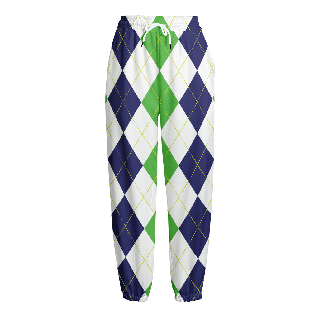 Green White And Navy Argyle Print Fleece Lined Knit Pants