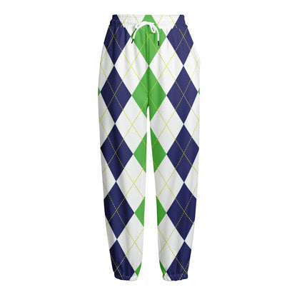 Green White And Navy Argyle Print Fleece Lined Knit Pants